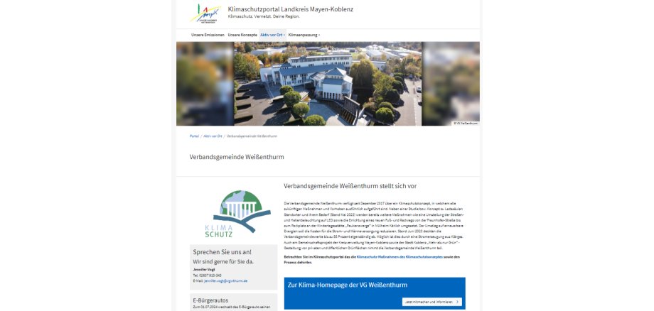 Ein Screenshot zeigt die Startseite für die Verbandsgemeinde Weißenthurm auf dem Internetportal, das der Landkreis Mayen-Koblenz zum Klimaschutz eingerichtet hat. 