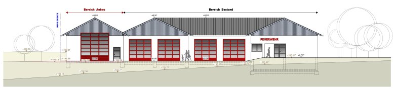 Die Ansicht des Planungsbüros zeigt, dass das  Bestandsgebäudes an der linken Seite erweitert wird. Der Anbau hat einen holzverkleideten Giebel und ein signalrotes Tor. 
