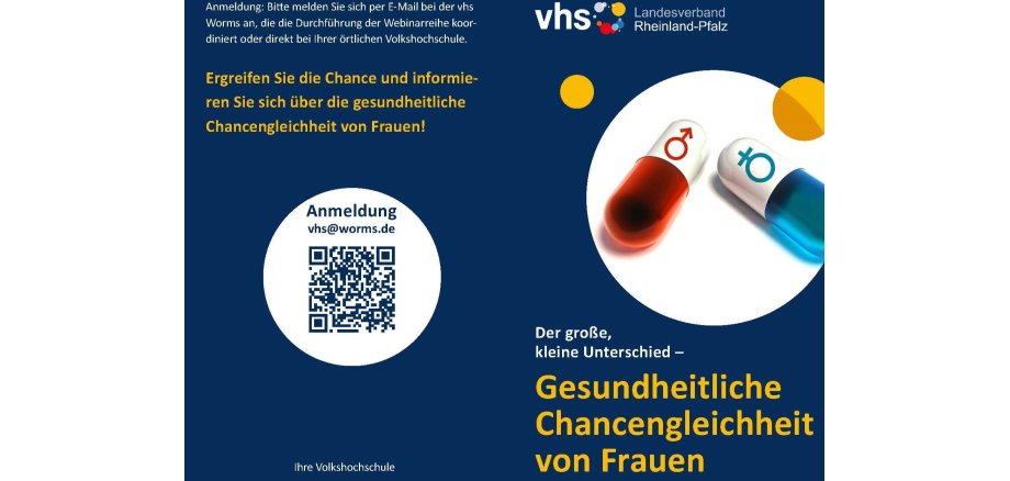 Die Ansicht des Flyers zu der Webinarreihe zeigt auf dunkelblauem Grund rechts oben in einem weißen Kreis eine rot und eine blau gefärbte, längliche Tablette mit weißem Kopf, in dem in rot das Symbol für weiblich und in dem anderen in blau das Symbol für männlich zu sehen ist. Darunter steht der Titel der Webinarreihe. Auf der linken Seite ist ein QR-Code, der zur Anmeldung führt. 