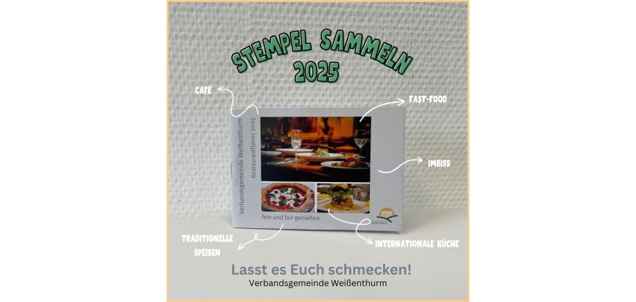 Der Restaurantführer steht aufrecht und ist mit Pfeilen versehen, an deren Ende die Begriffe Café, traditionelle Speisen, Fast Foo, Imbiss und Internationale Küche stehen. Darüber steht Stempel sammeln 2025, unter dem Bild Lasst es Euch schmecken und Verbandsgemeinde Weißenthurm. 