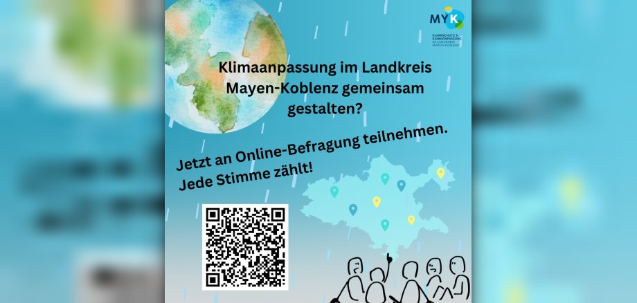 Auf einem hellblauen Hintergrund ist in der oberen linken Ecke die Weltkugel zu sehen, in der rechten Ecke des Klimaschutz-Logo des Landkreises und unten rechts Strichmännchen.  