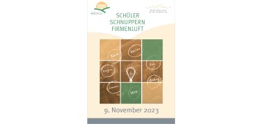 Deckblatt der Broschüre zu dem Projekt Schüler schnuppern Firmenluft 2023 mit unterschiedlichen Schlagwörtern in gelb, braun und grün hinterlegten Quadraten.